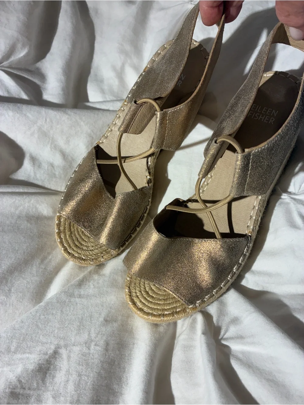 Eileen Fisher Metallic Gold leather Espadrille Wedge Slingbacks NWOT 8.5